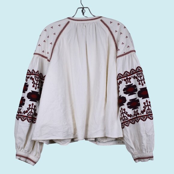 Free People Swing Jacket Women's Size Large Off White Red Boho Embroidered Top - Picture 6 of 16